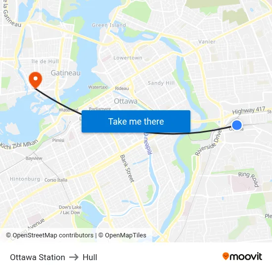 Ottawa Station to Hull map