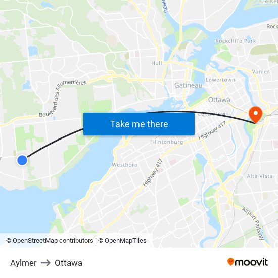 Aylmer to Ottawa map