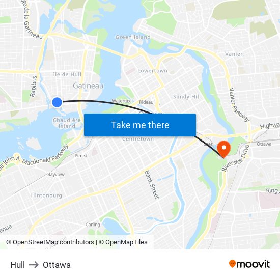 Hull to Ottawa map