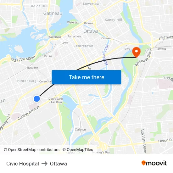 Civic Hospital to Ottawa map