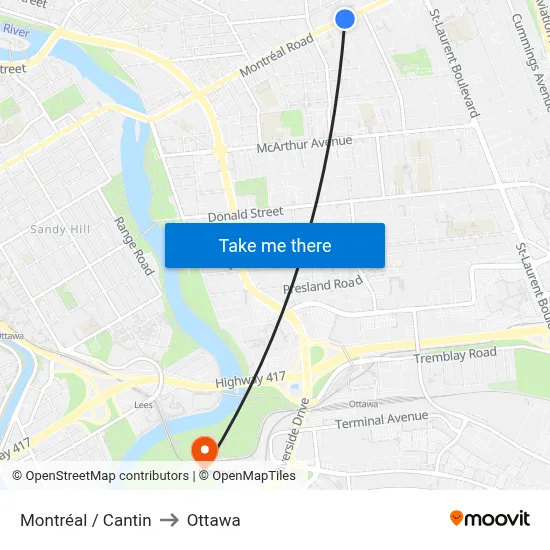 Montréal / Cantin to Ottawa map
