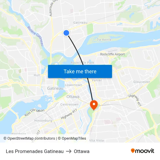 Les Promenades Gatineau to Ottawa map