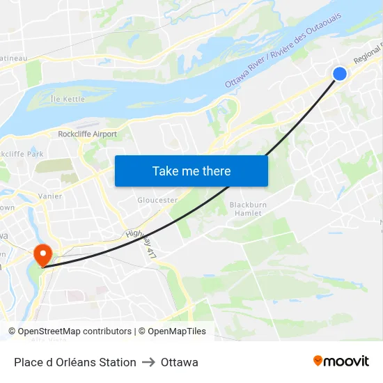 Place d Orléans Station to Ottawa map