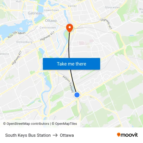 South Keys Bus Station to Ottawa map