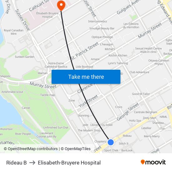 Rideau B to Elisabeth-Bruyere Hospital map