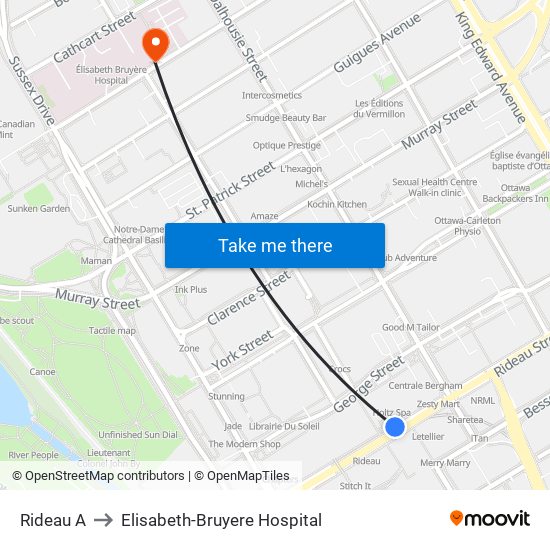 Rideau A to Elisabeth-Bruyere Hospital map