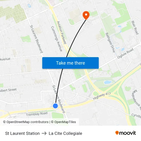 St Laurent Station to La Cite Collegiale map