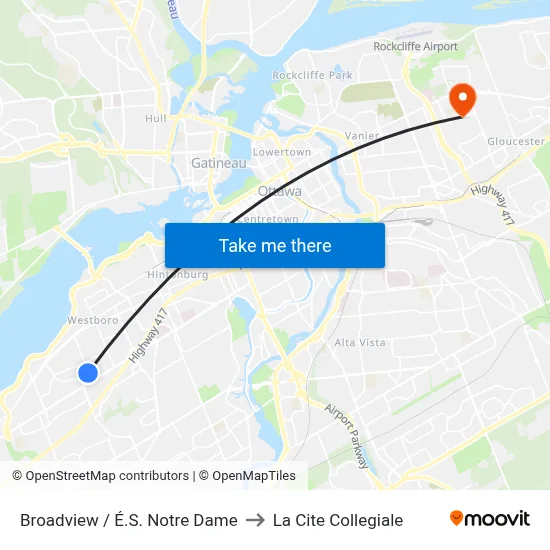 Broadview / É.S. Notre Dame to La Cite Collegiale map