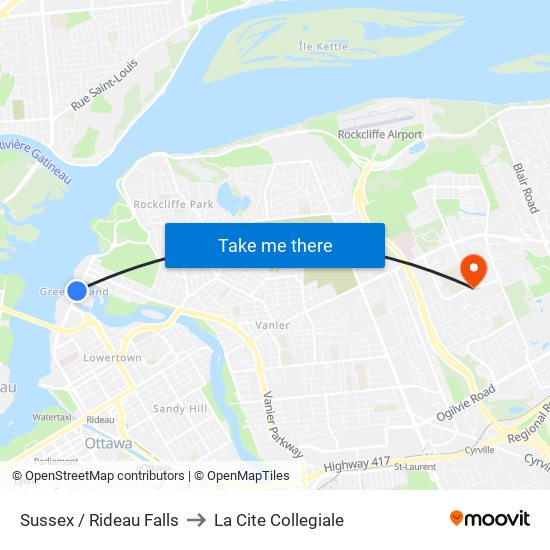 Sussex / Rideau Falls to La Cite Collegiale map