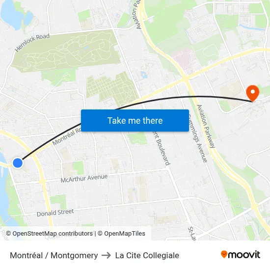 Montréal / Montgomery to La Cite Collegiale map