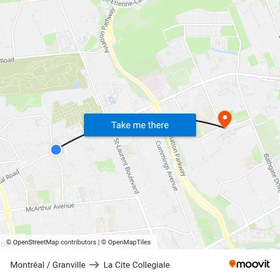 Montréal / Granville to La Cite Collegiale map