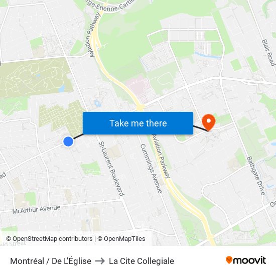 Montréal / De L'Église to La Cite Collegiale map