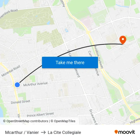 Mcarthur / Vanier to La Cite Collegiale map