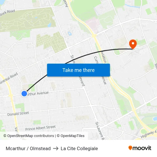 Mcarthur / Olmstead to La Cite Collegiale map