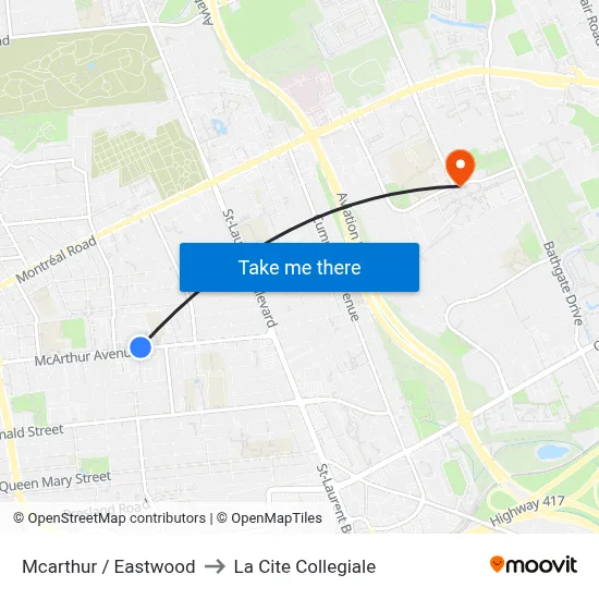 Mcarthur / Eastwood to La Cite Collegiale map