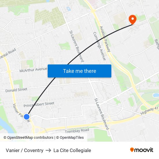 Vanier / Coventry to La Cite Collegiale map