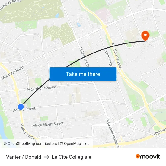 Vanier / Donald to La Cite Collegiale map