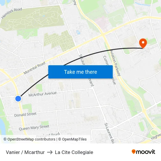 Vanier / Mcarthur to La Cite Collegiale map