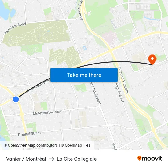 Vanier / Montréal to La Cite Collegiale map