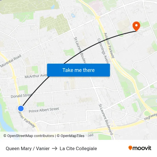Queen Mary / Vanier to La Cite Collegiale map