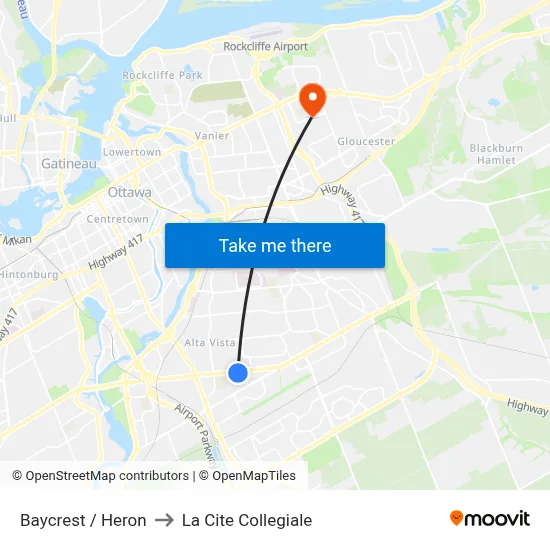 Baycrest / Heron to La Cite Collegiale map