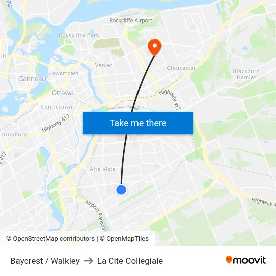 Baycrest / Walkley to La Cite Collegiale map
