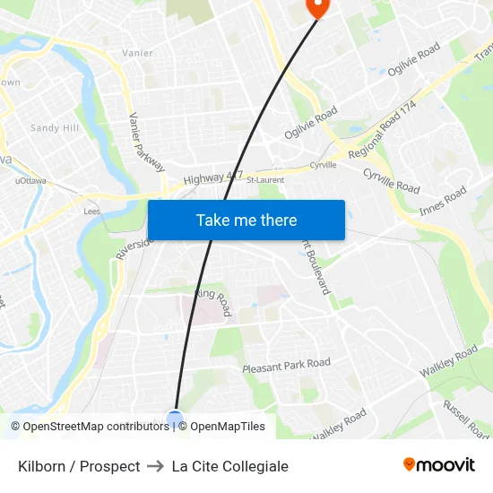 Kilborn / Prospect to La Cite Collegiale map