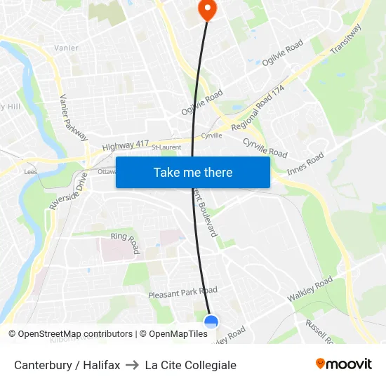 Canterbury / Halifax to La Cite Collegiale map