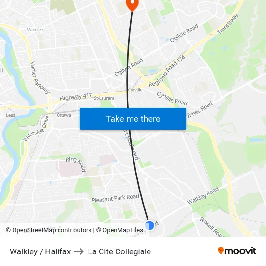 Walkley / Halifax to La Cite Collegiale map