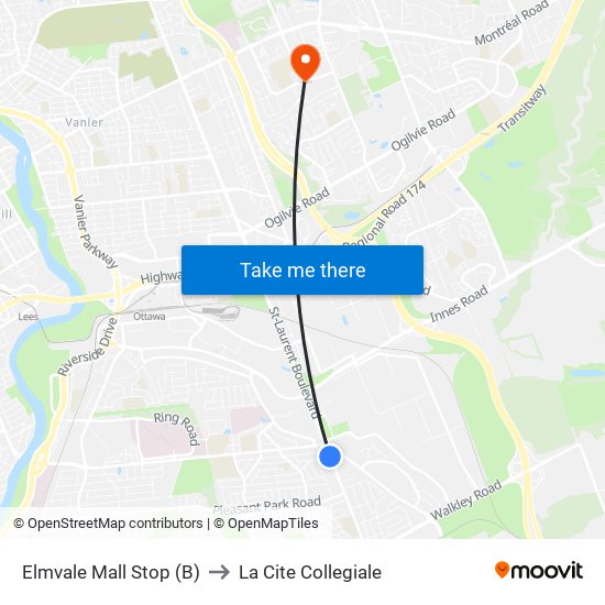 Elmvale Mall Stop (B) to La Cite Collegiale map