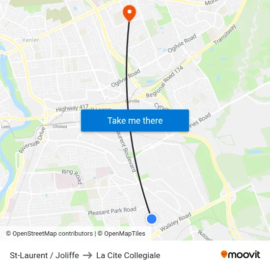 St-Laurent / Joliffe to La Cite Collegiale map