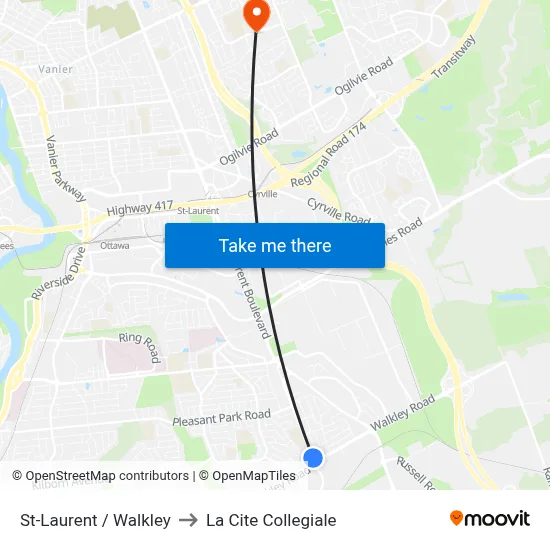 St-Laurent / Walkley to La Cite Collegiale map