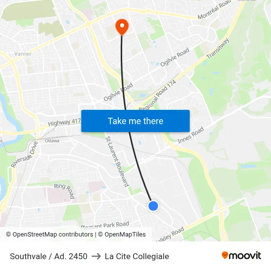 Southvale / Ad. 2450 to La Cite Collegiale map