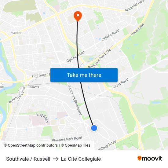 Southvale / Russell to La Cite Collegiale map