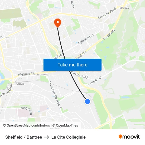 Sheffield / Bantree to La Cite Collegiale map