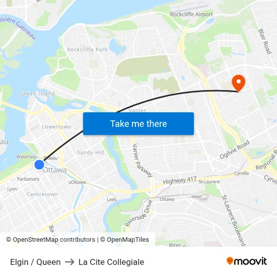 Elgin / Queen to La Cite Collegiale map
