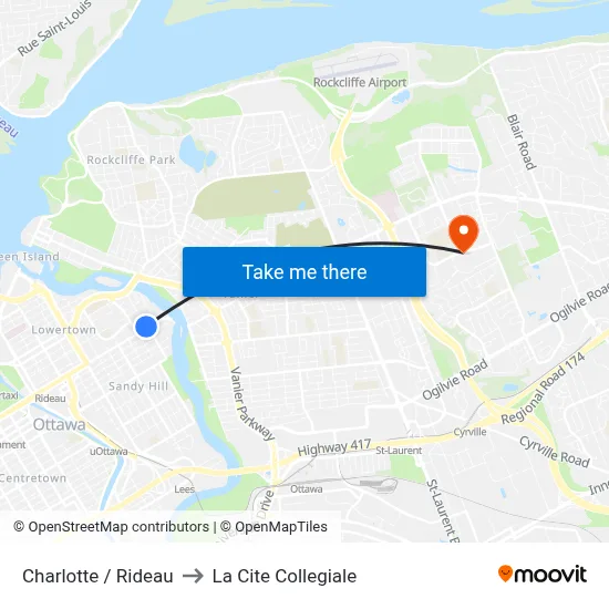 Charlotte / Rideau to La Cite Collegiale map