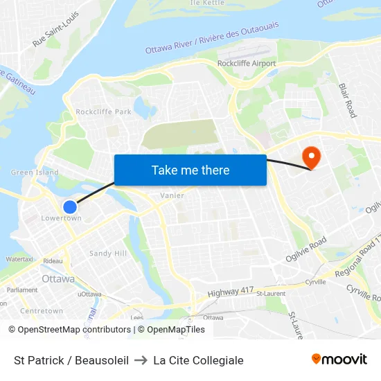 St Patrick / Beausoleil to La Cite Collegiale map