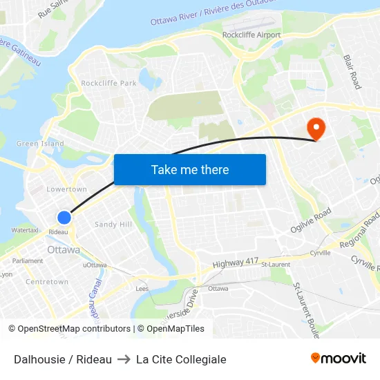 Dalhousie / Rideau to La Cite Collegiale map
