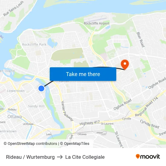 Rideau / Wurtemburg to La Cite Collegiale map