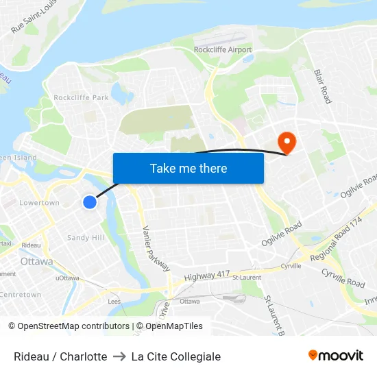Rideau / Charlotte to La Cite Collegiale map