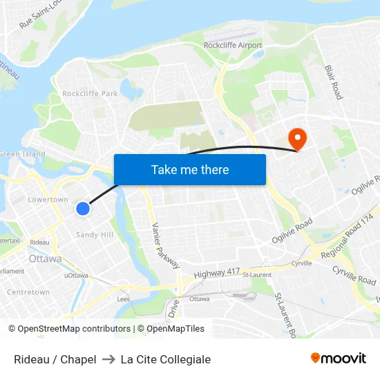 Rideau / Chapel to La Cite Collegiale map