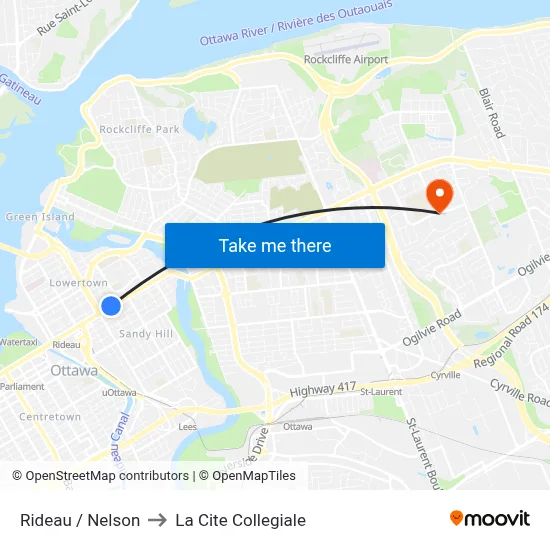 Rideau / Nelson to La Cite Collegiale map