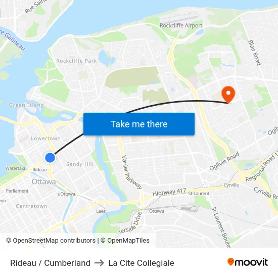 Rideau / Cumberland to La Cite Collegiale map