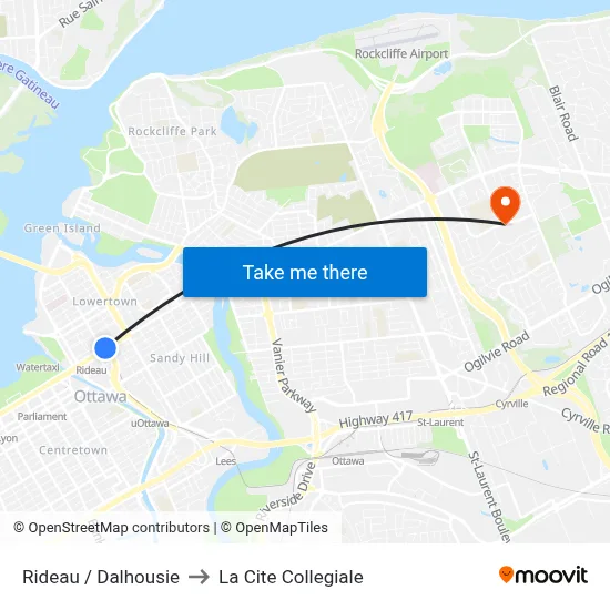 Rideau / Dalhousie to La Cite Collegiale map