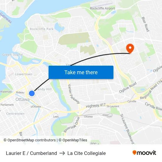 Laurier E / Cumberland to La Cite Collegiale map