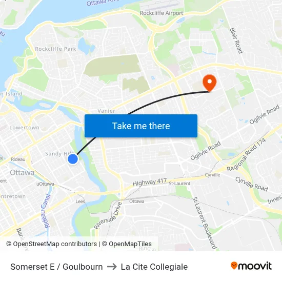 Somerset E / Goulbourn to La Cite Collegiale map
