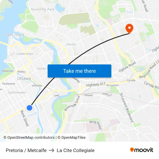 Pretoria / Metcalfe to La Cite Collegiale map