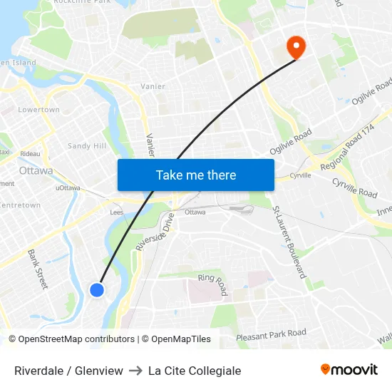 Riverdale / Glenview to La Cite Collegiale map