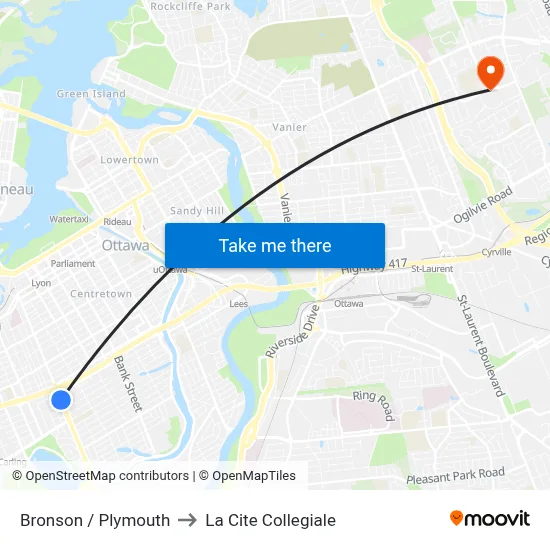 Bronson / Plymouth to La Cite Collegiale map